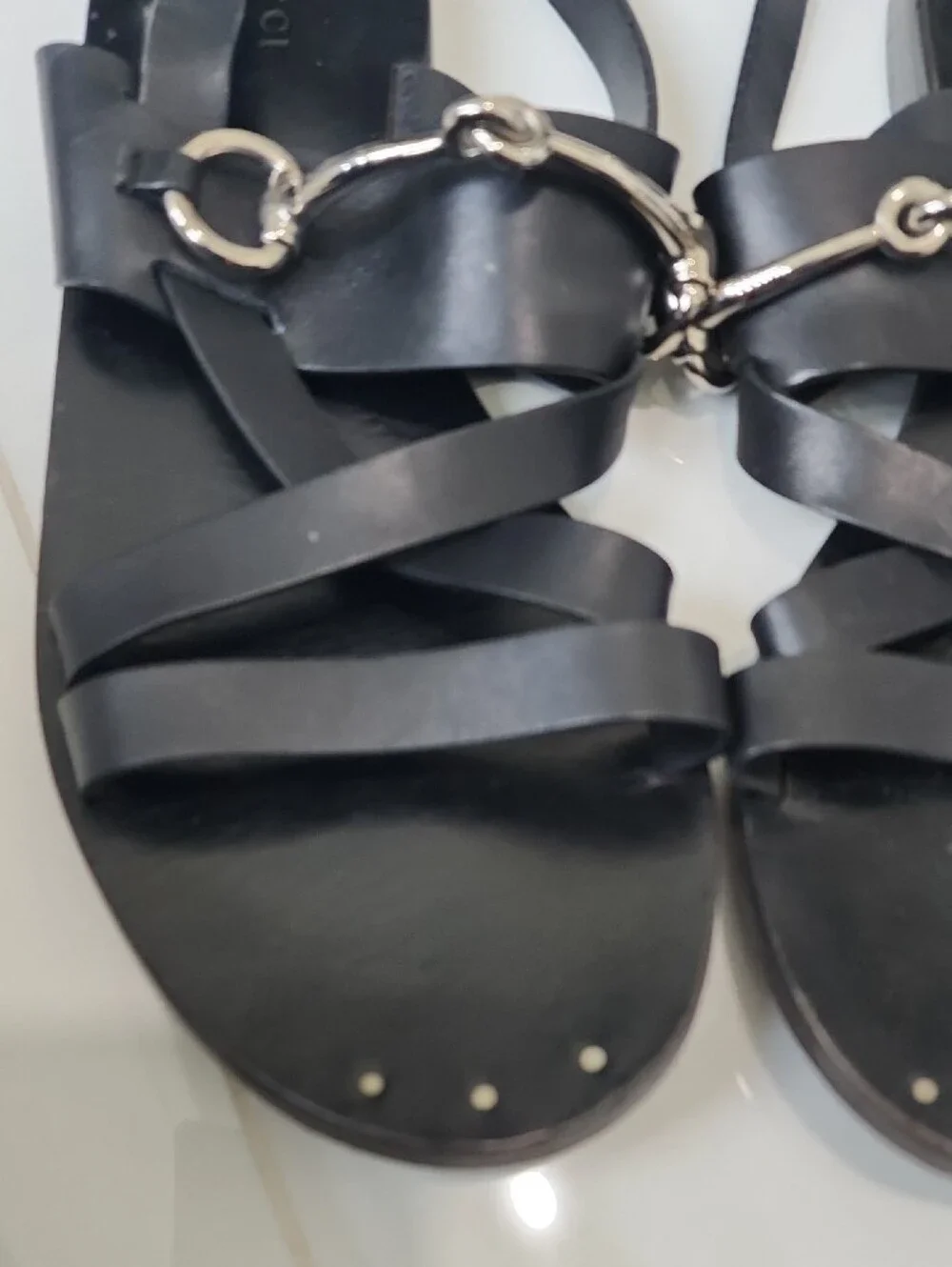 GUCCI Juliette Black Leather Horsebit Sandals